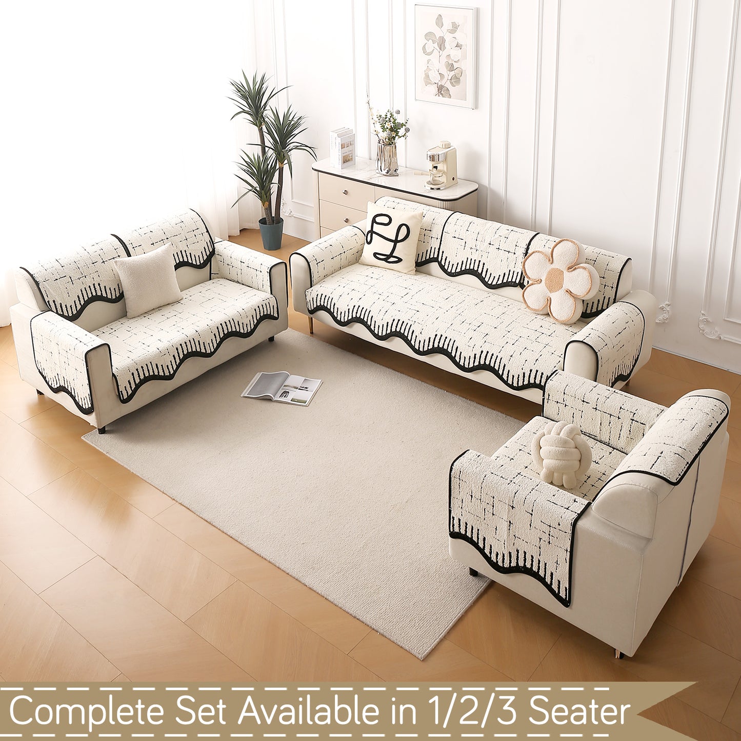 Premium Supple Soft Wavy with Curve Sofa Cover Mat, Off-White