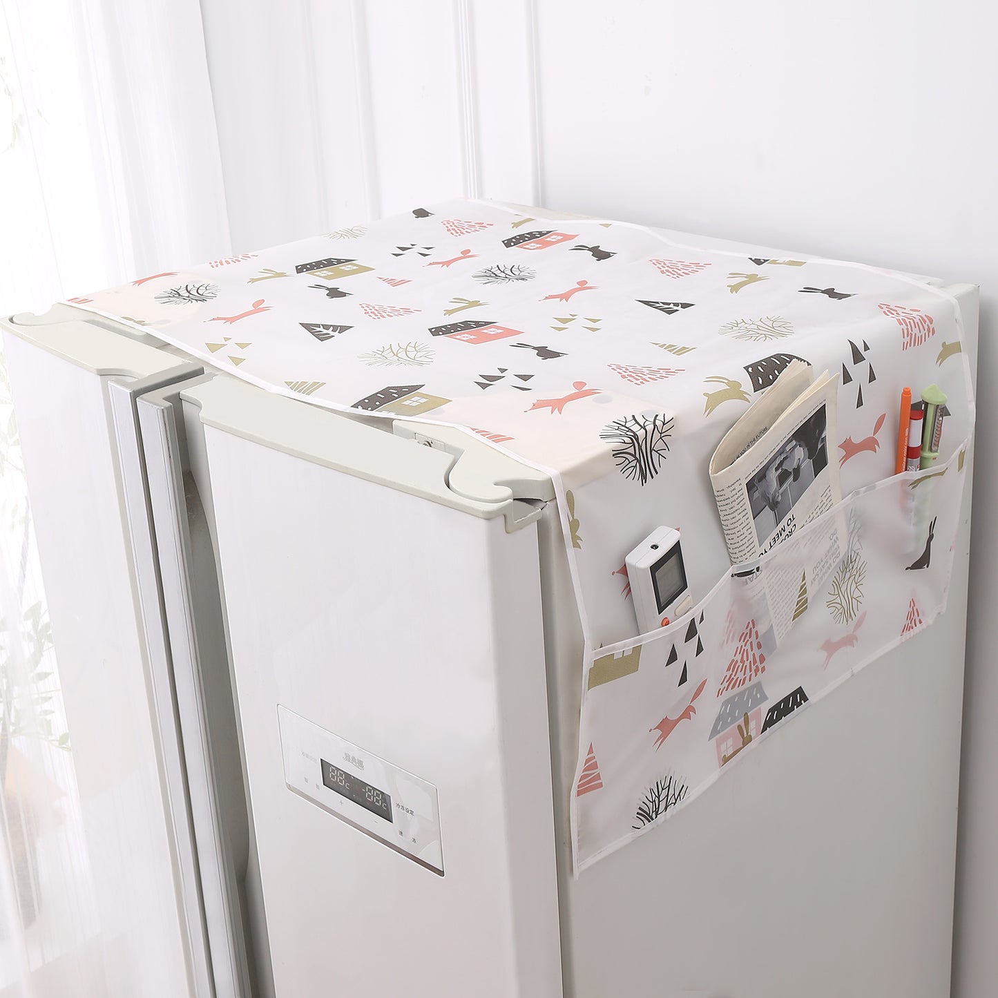 Small / Large Fridge Cover Top | For Smaller Single Door, Double Door and Bigger Double Door Refrigerator - Waterproof, Printed with 6 Side Pockets, Woodland Village