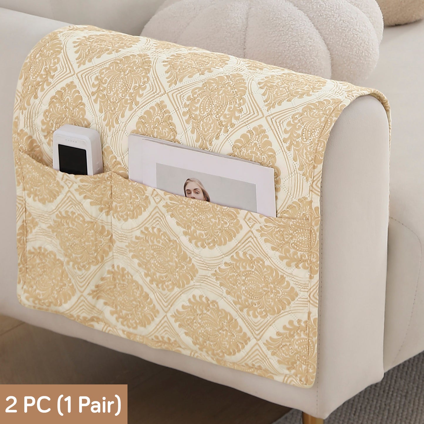 Polyester 2 Pcs Printed Quilted Sofa Armrest Cover, Ogee Ivory
