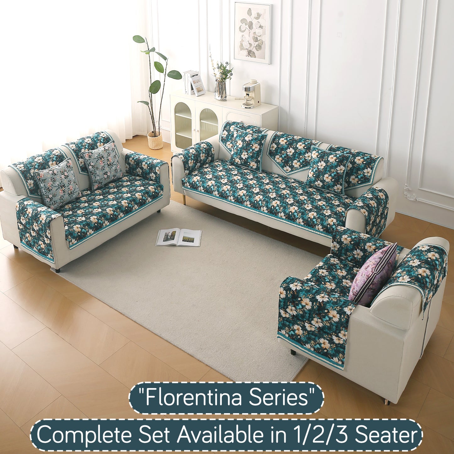 Florentina Series Printed Holland Velvet Sofa Mat - Pansies Teal