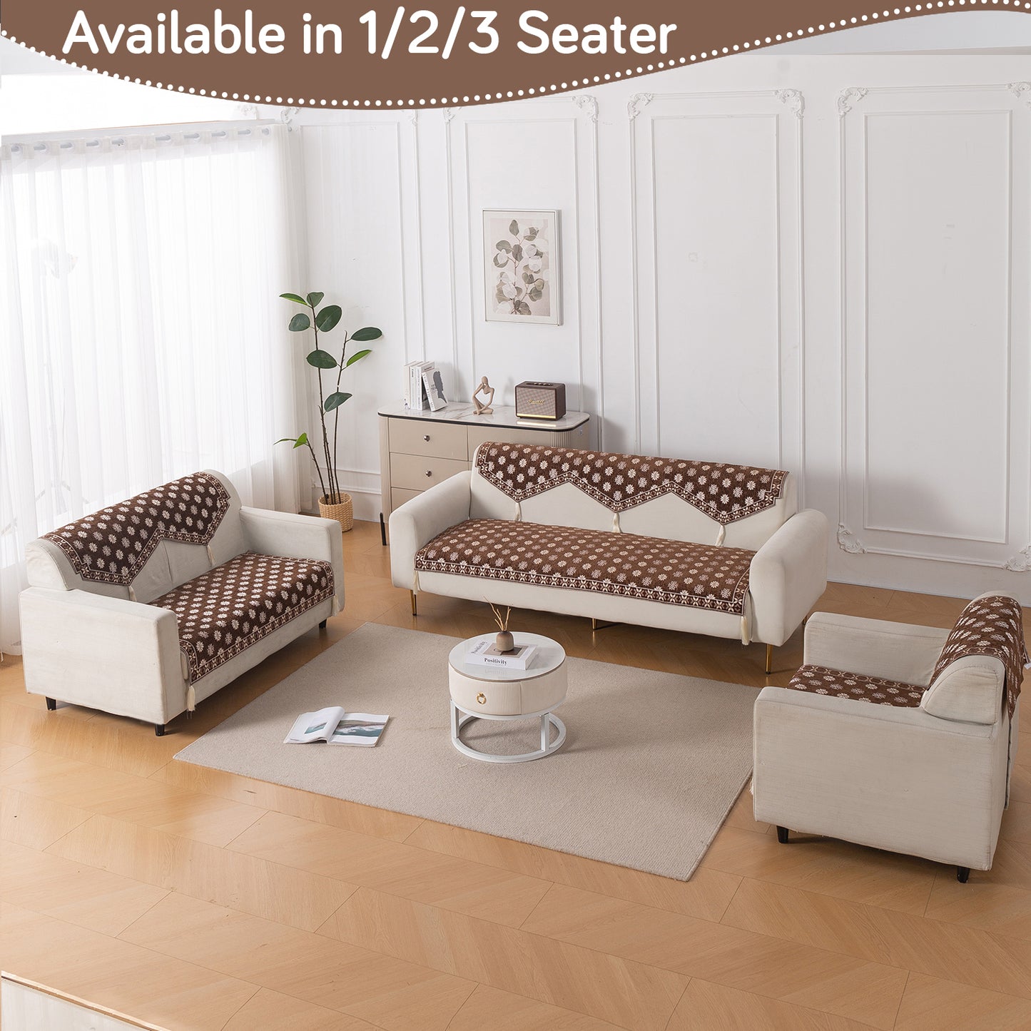 Heritage Weave Premium Jacquard Sofa Cover Set with Tassels - Russet Brown