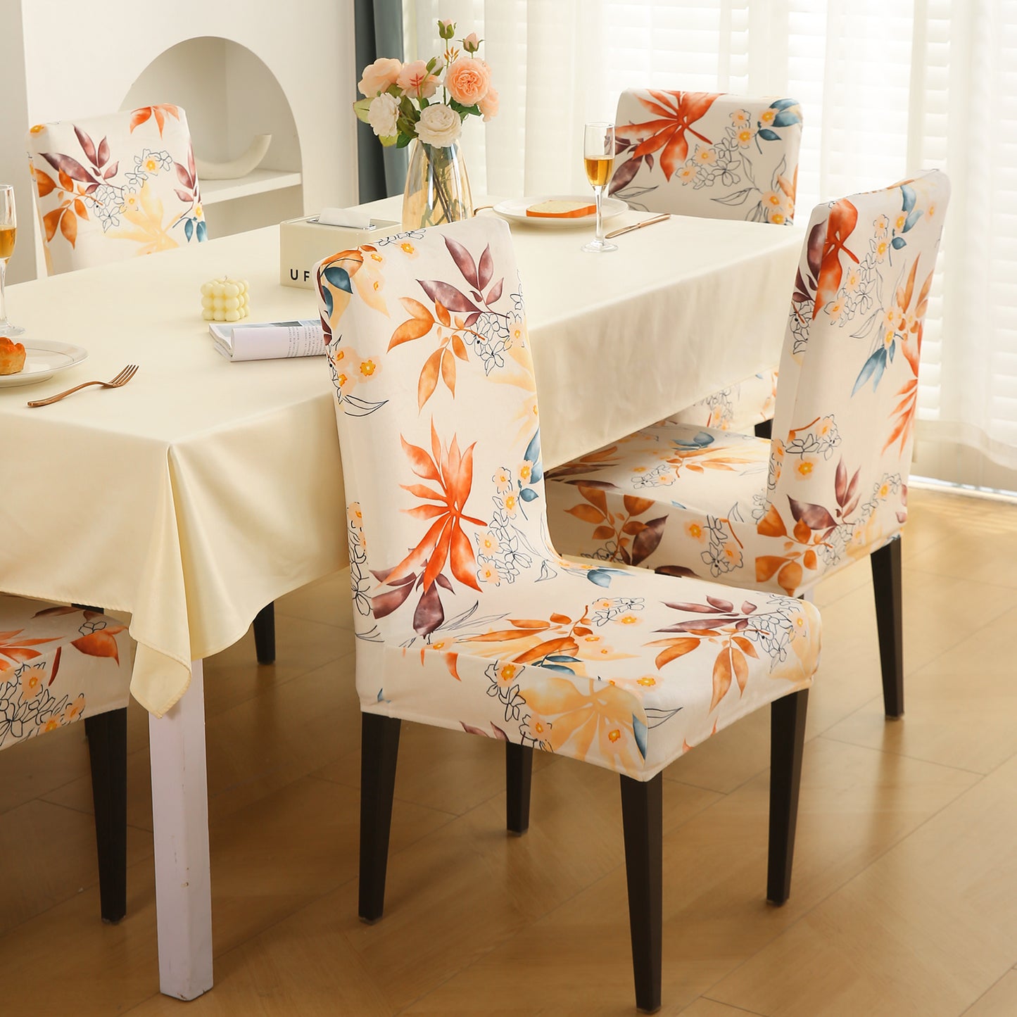 Premium Printed Velvet Dining Chair Cover Set, Amber Serene Flora