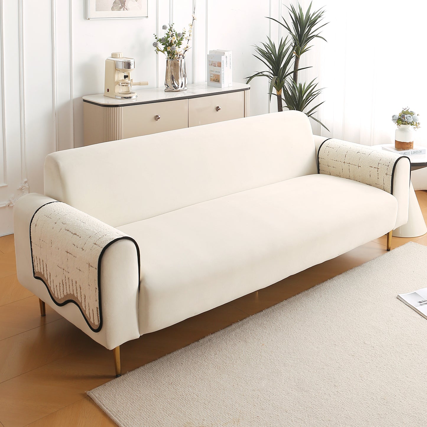 Premium Supple Soft Wavy with Curve Sofa Cover Mat, Cream Brown