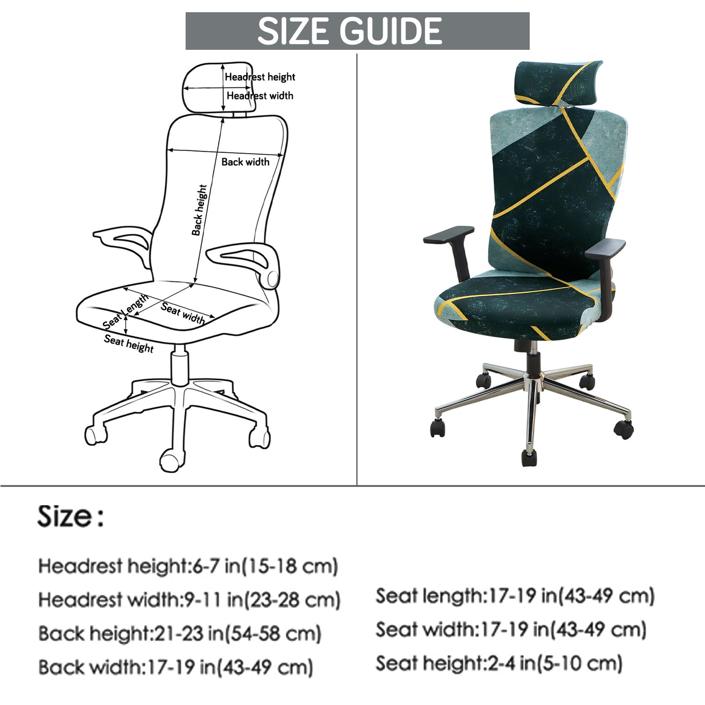 Printed Office Chair Cover with Headrest (High-Back) – 140 GSM Stretch Fabric – Washable, Anti-Slip Fit for Ergonomic Mesh Office Chairs, Multicolor Abstract Geometry