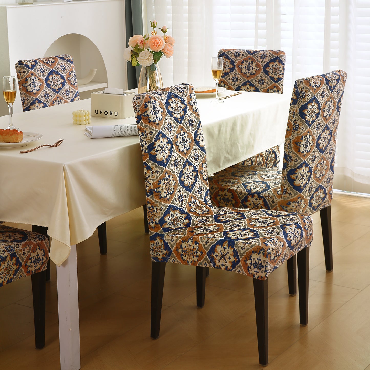 Premium Printed Velvet Dining Chair Cover Set, Indigo Moroccan Charm