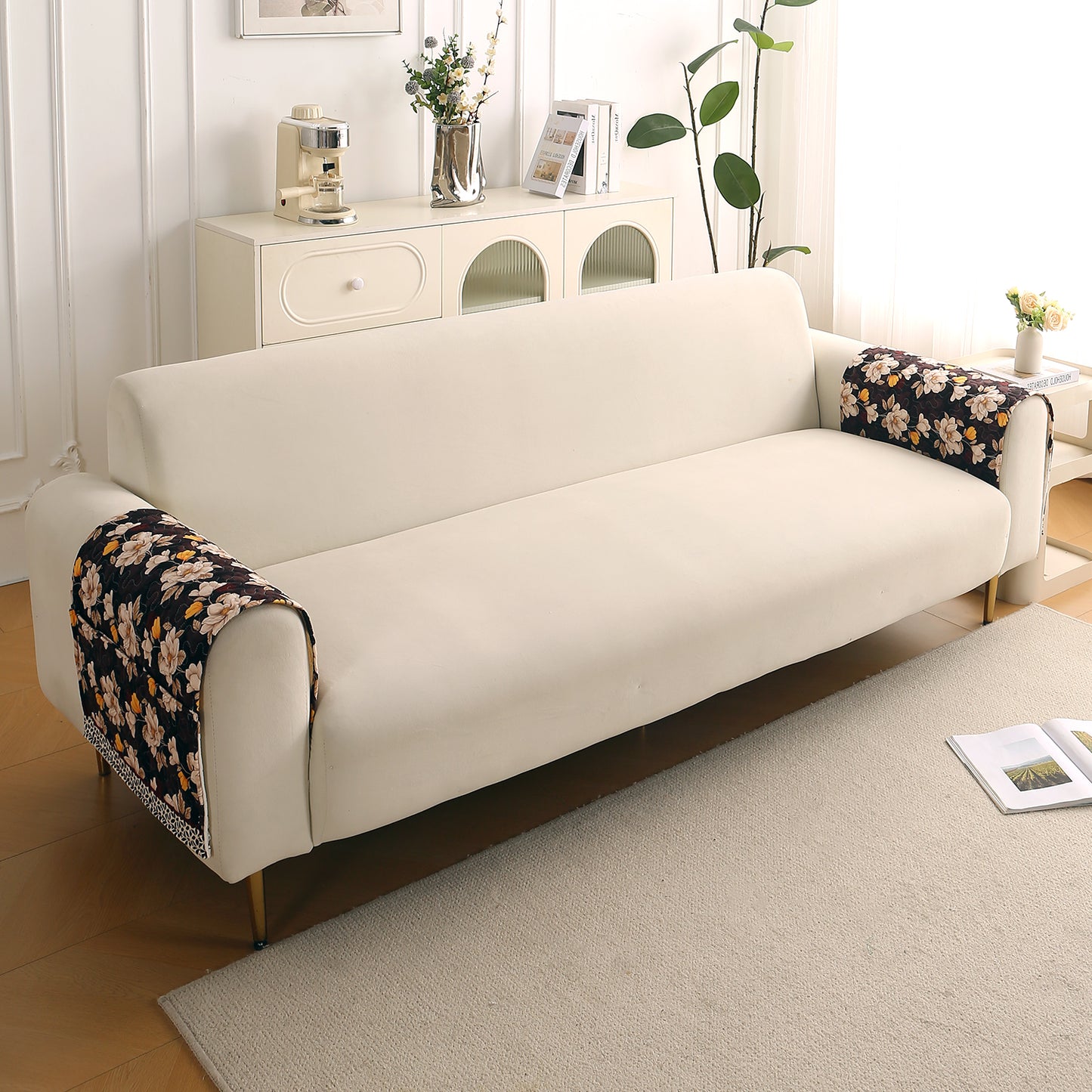 Florentina Series Printed Holland Velvet Sofa Mat - Camellia Brown
