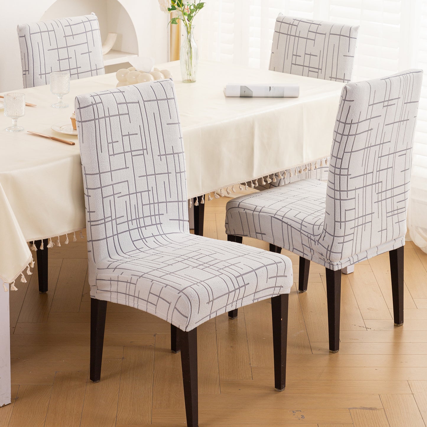 'Crossline Series' 180 GSM Jacquard Chair Cover Set 1/2/4/6, Light Grey