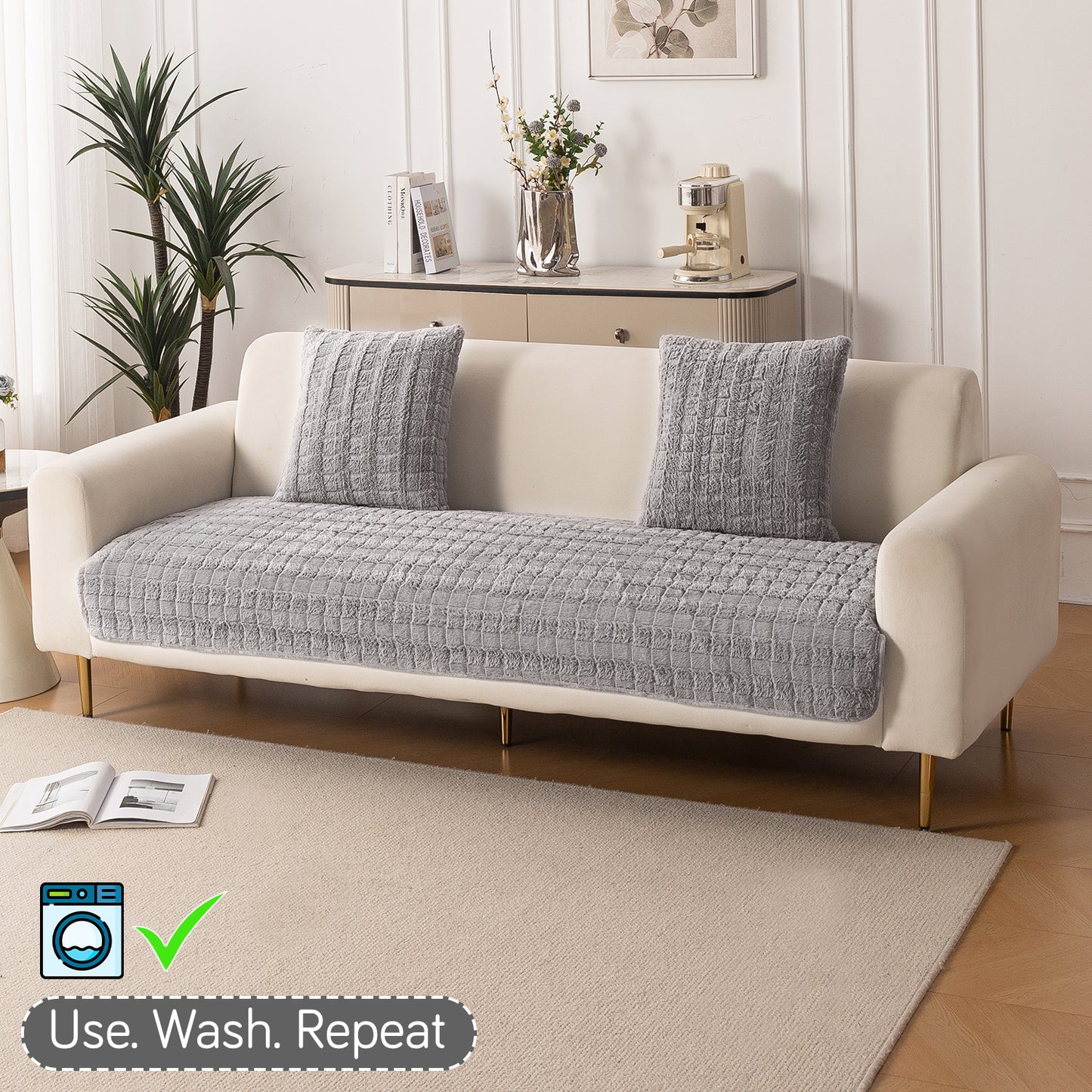 Premium Plush Anti Slip Sofa Mat for 1/2/3 Seater, Light Grey