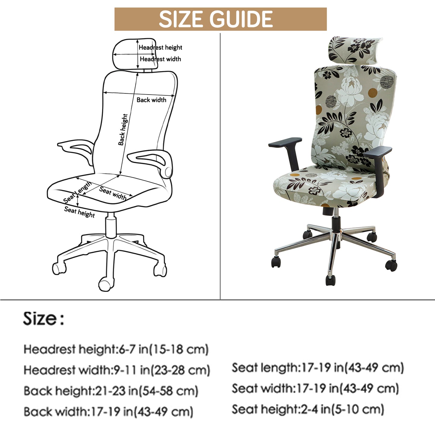 Printed Office Chair Cover with Headrest (High-Back) – 140 GSM Stretch Fabric – Washable, Anti-Slip Fit for Ergonomic Mesh Office Chairs, Feather Brown Floral