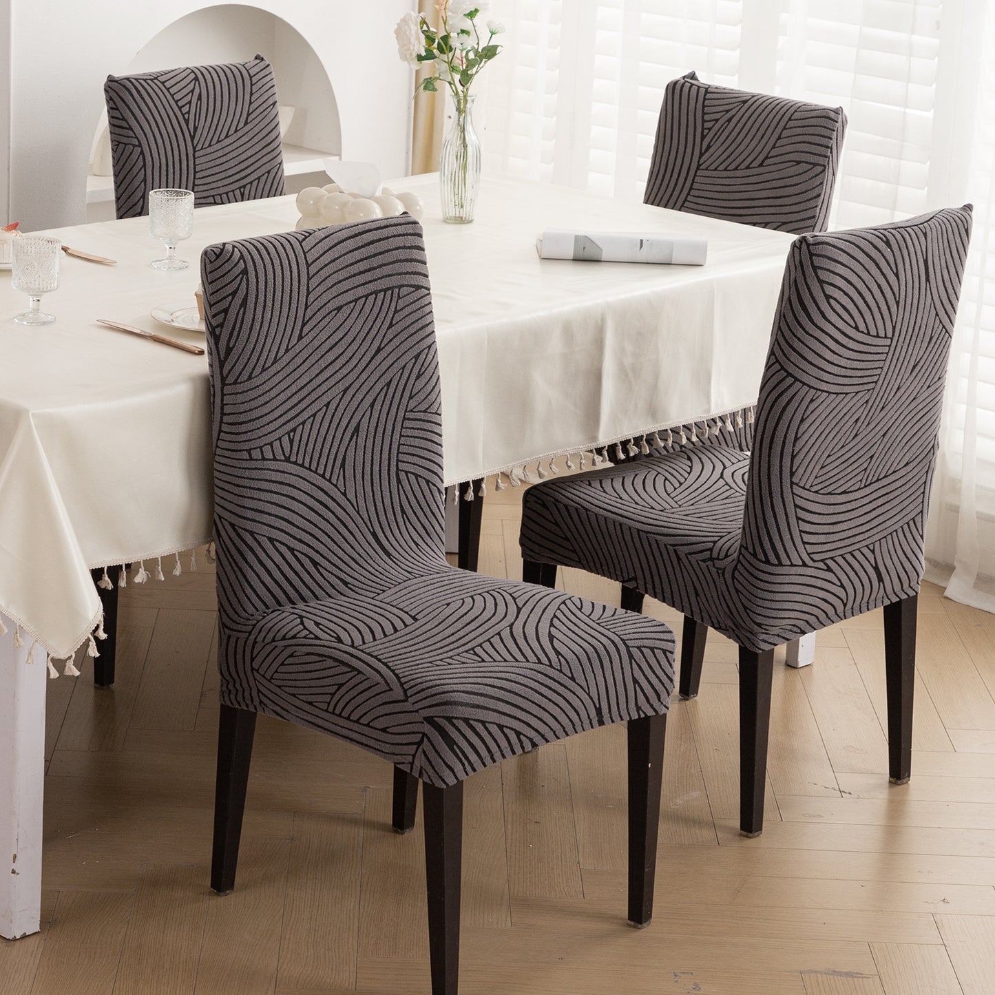 WaveLine Series 180 GSM Jacquard Chair Cover Set of 1/2/4/6, Charcoal Grey
