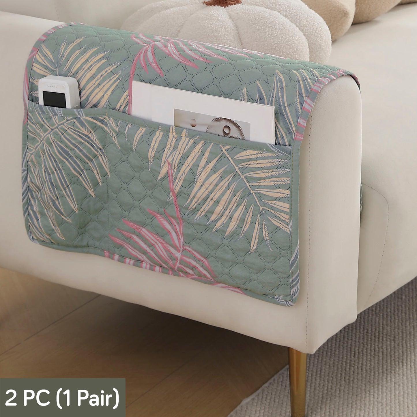 Polyester 2 Pcs Printed Quilted Sofa Armrest Cover, Tropical Leaves Pastel Green