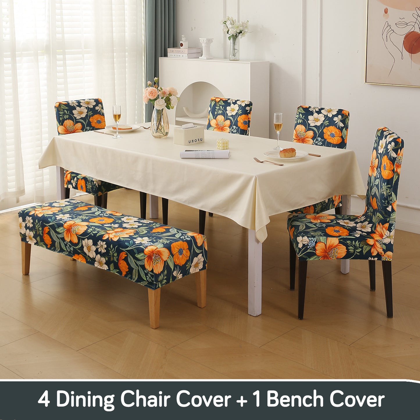 Premium Velvet Cover Set for 4 Dining Chairs + 1 Dining Bench, Teal Twilight Garden
