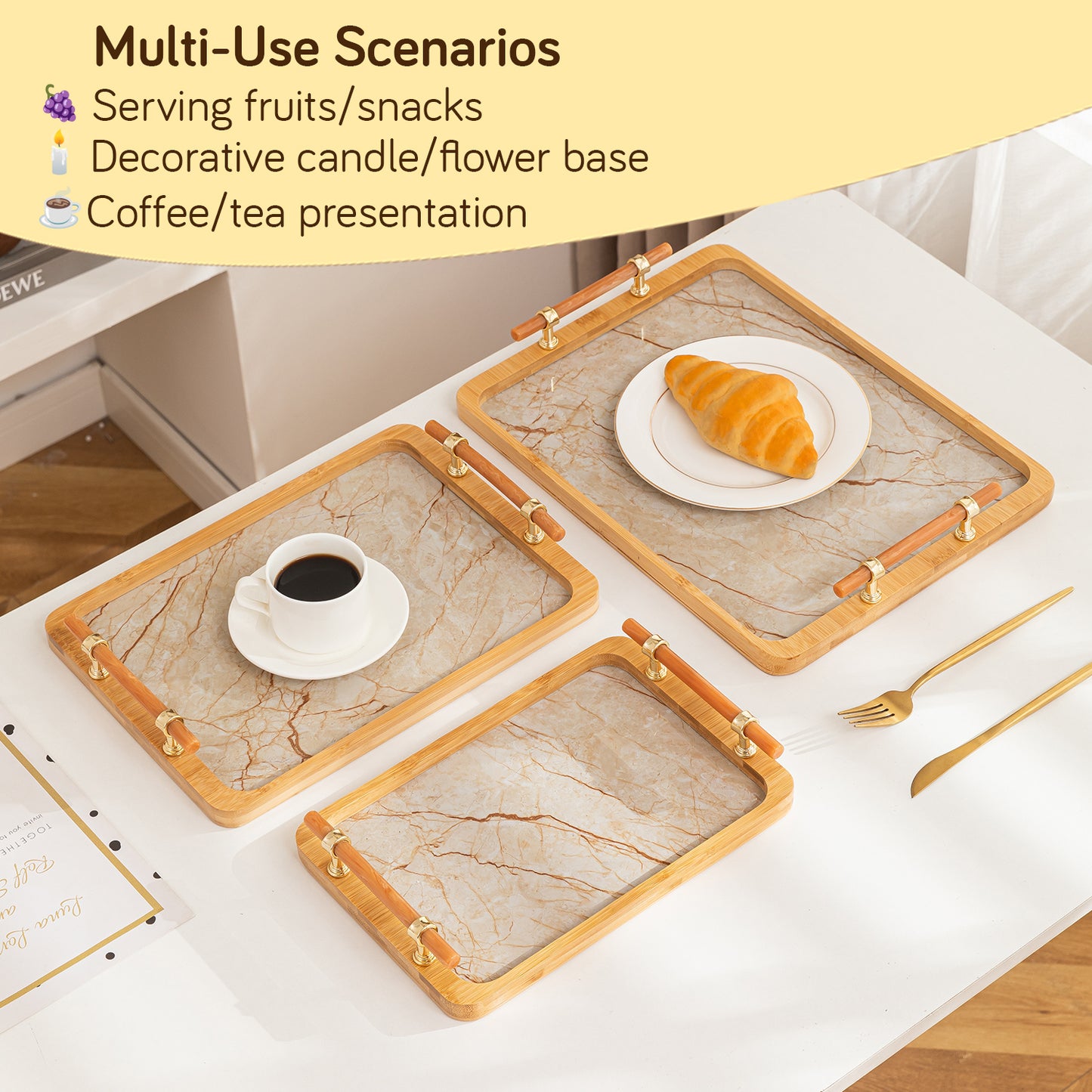 Luxury Bamboo Serving Tray Set with Faux Marble Base with Golden Handles