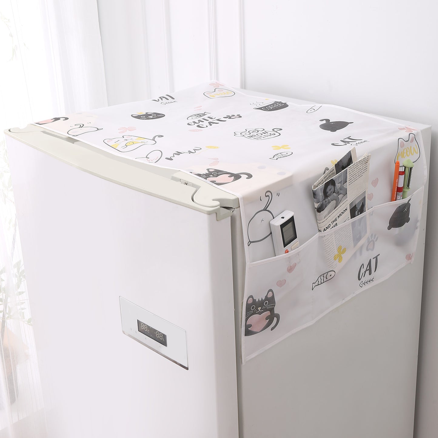 Small / Large Fridge Cover Top | For Smaller Single Door, Double Door and Bigger Double Door Refrigerator - Waterproof, Printed with 6 Side Pockets, Playful Cats
