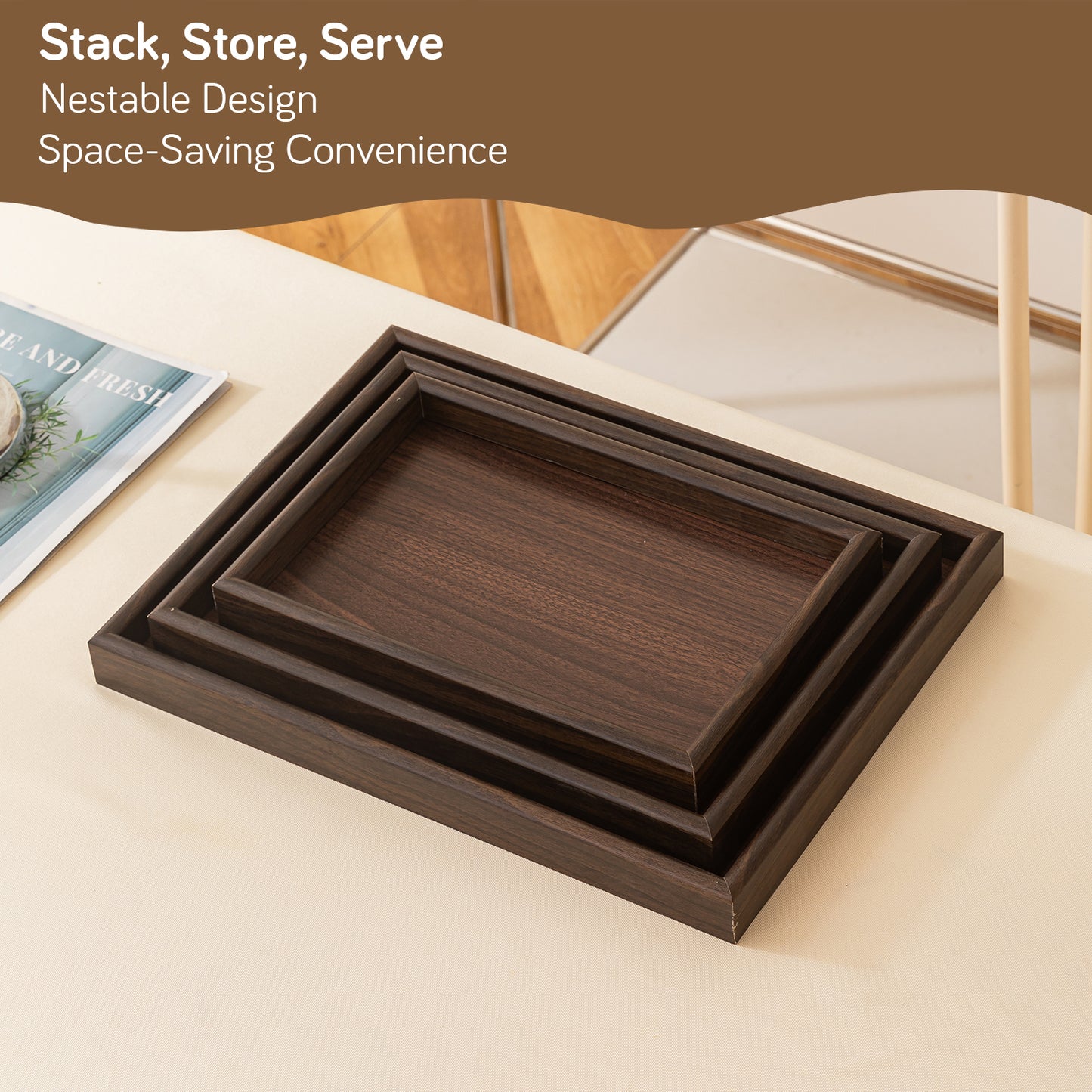 Wooden Serving Tray MDF Rectangular Eco-Friendly Trays Set of 3, Dark Walnut Finish
