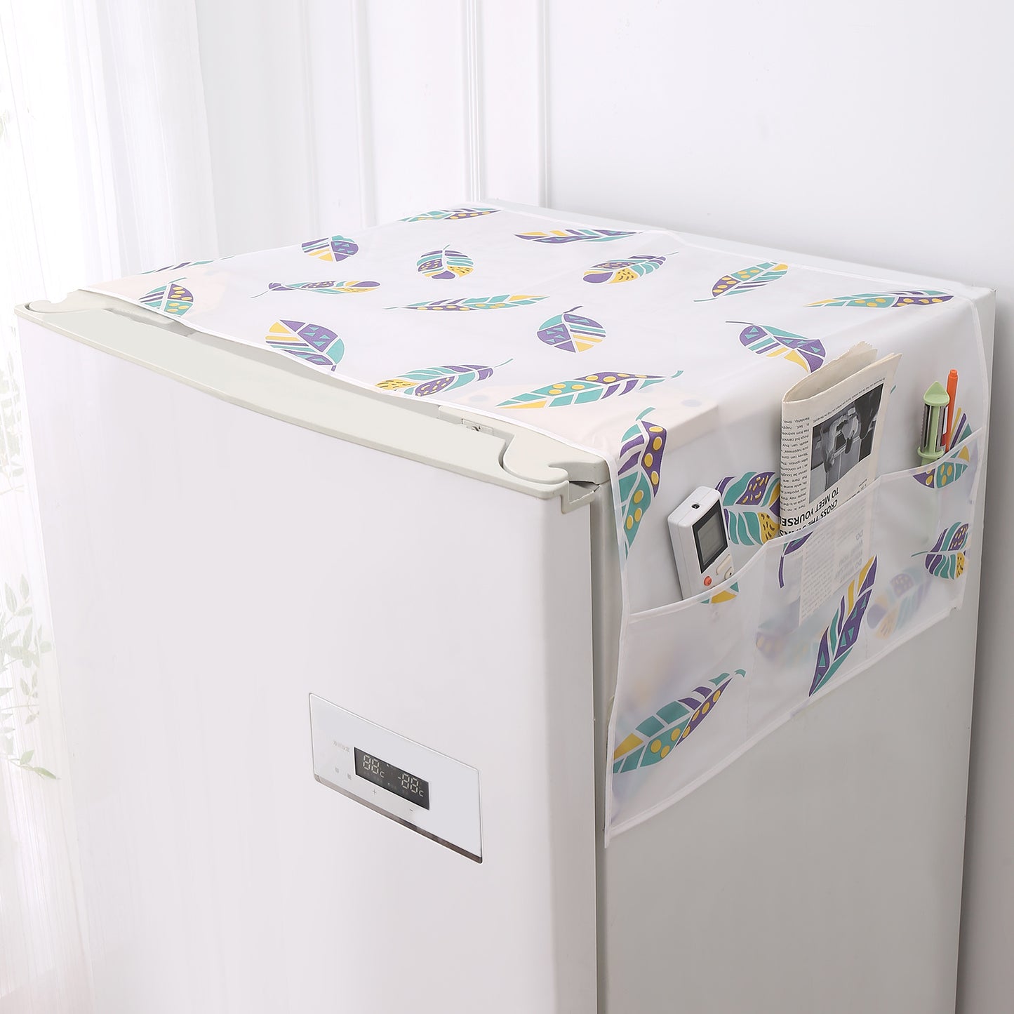 Small / Large Fridge Cover Top | For Smaller Single Door, Double Door and Bigger Double Door Refrigerator - Waterproof, Printed with 6 Side Pockets, Boho Feathers