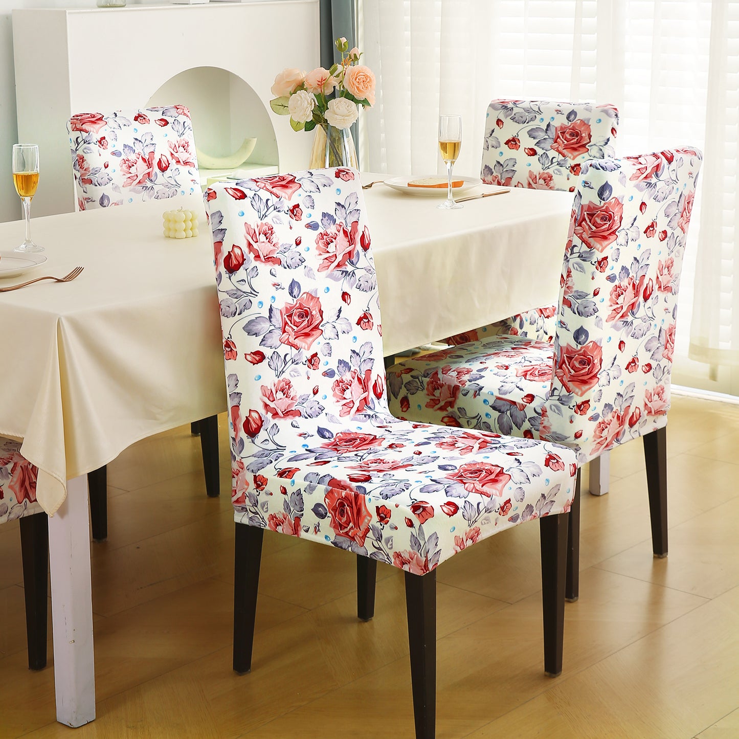 Premium Printed Velvet Dining Chair Cover Set, Red Cottage Rose