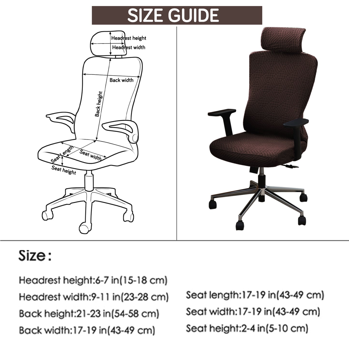 Office Chair Cover with Headrest (High-Back) – 170 GSM Stretch Jacquard – Washable, Anti-Slip Fit for Ergonomic Mesh Office Chairs, Brown