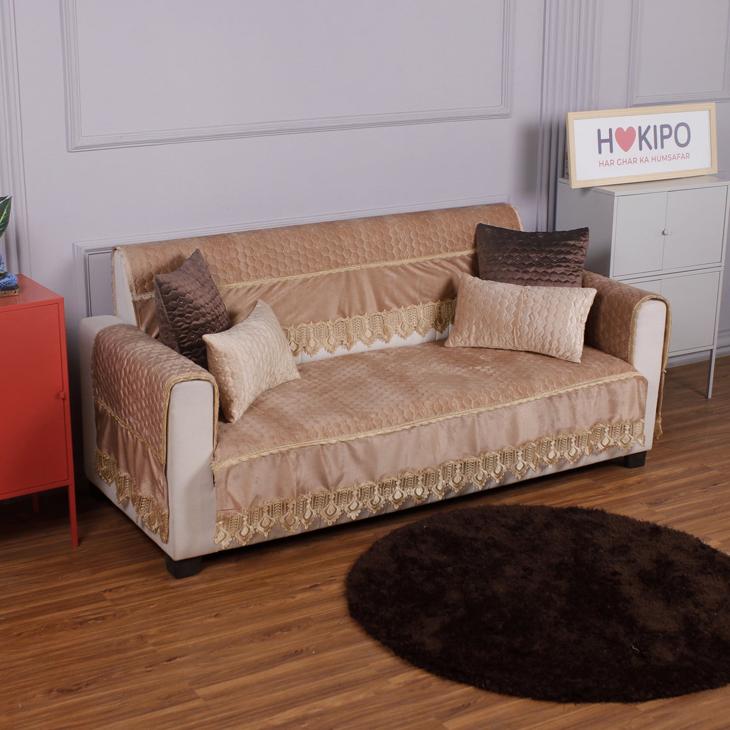2PC Premium Dutch Velvet Sofa Arm Cover, Light Brown