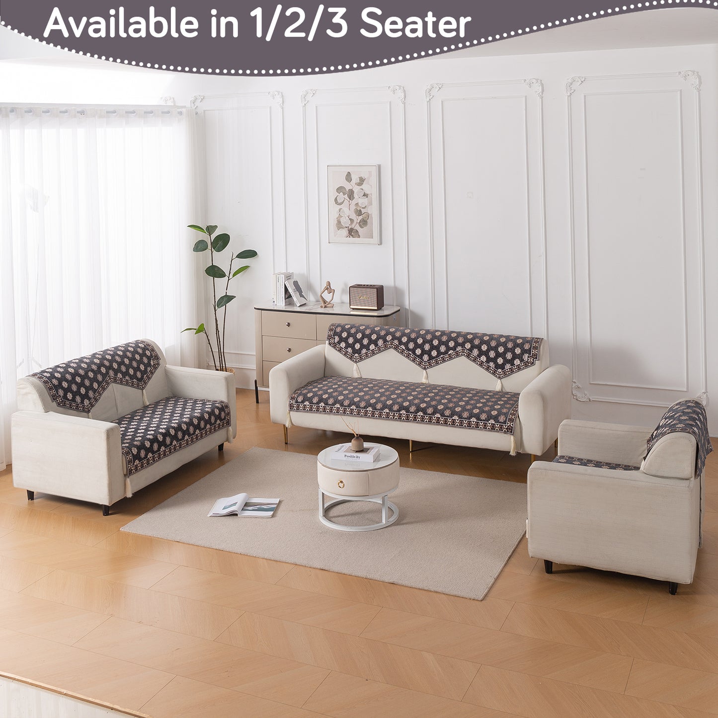 Heritage Weave Premium Jacquard Sofa Cover Set with Tassels - Graphite Grey