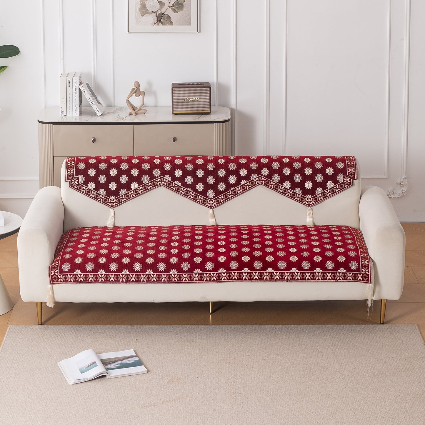 Heritage Weave Premium Jacquard Sofa Cover Set with Tassels - Crimson Red