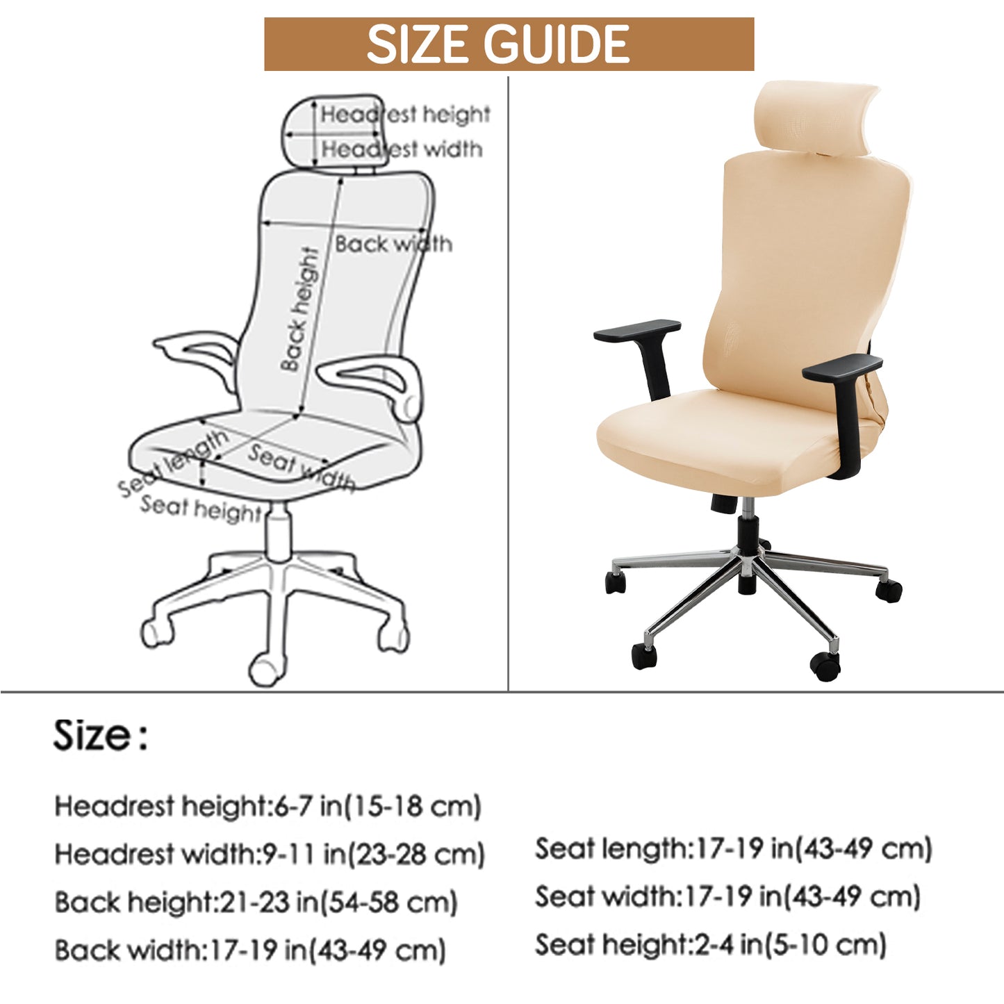 Office Chair Cover with Headrest (High-Back) – 140 GSM Stretch Fabric – Washable, Anti-Slip Fit for Ergonomic Mesh Office Chairs, Beige