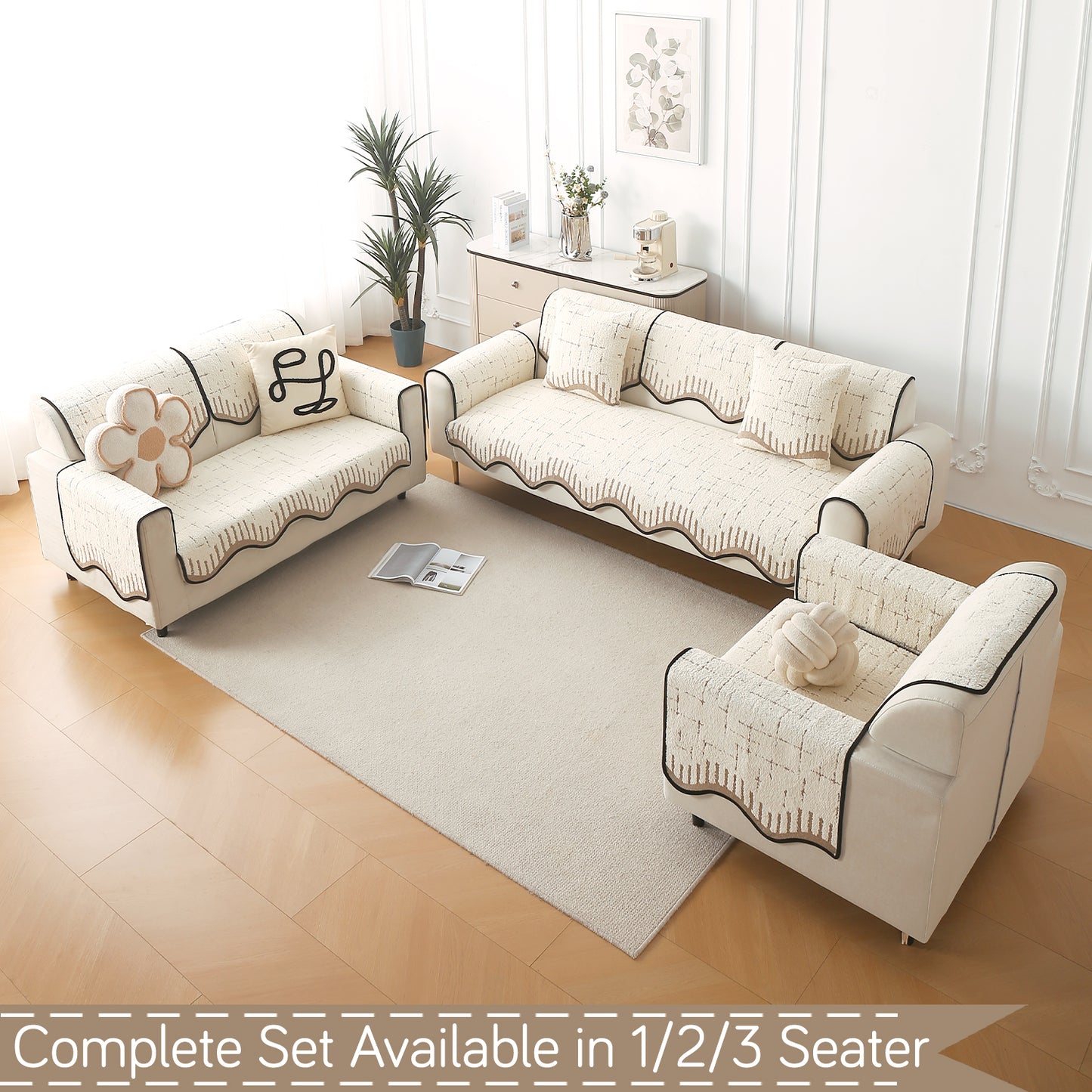 Premium Supple Soft Wavy with Curve Sofa Cover Mat, Cream Brown