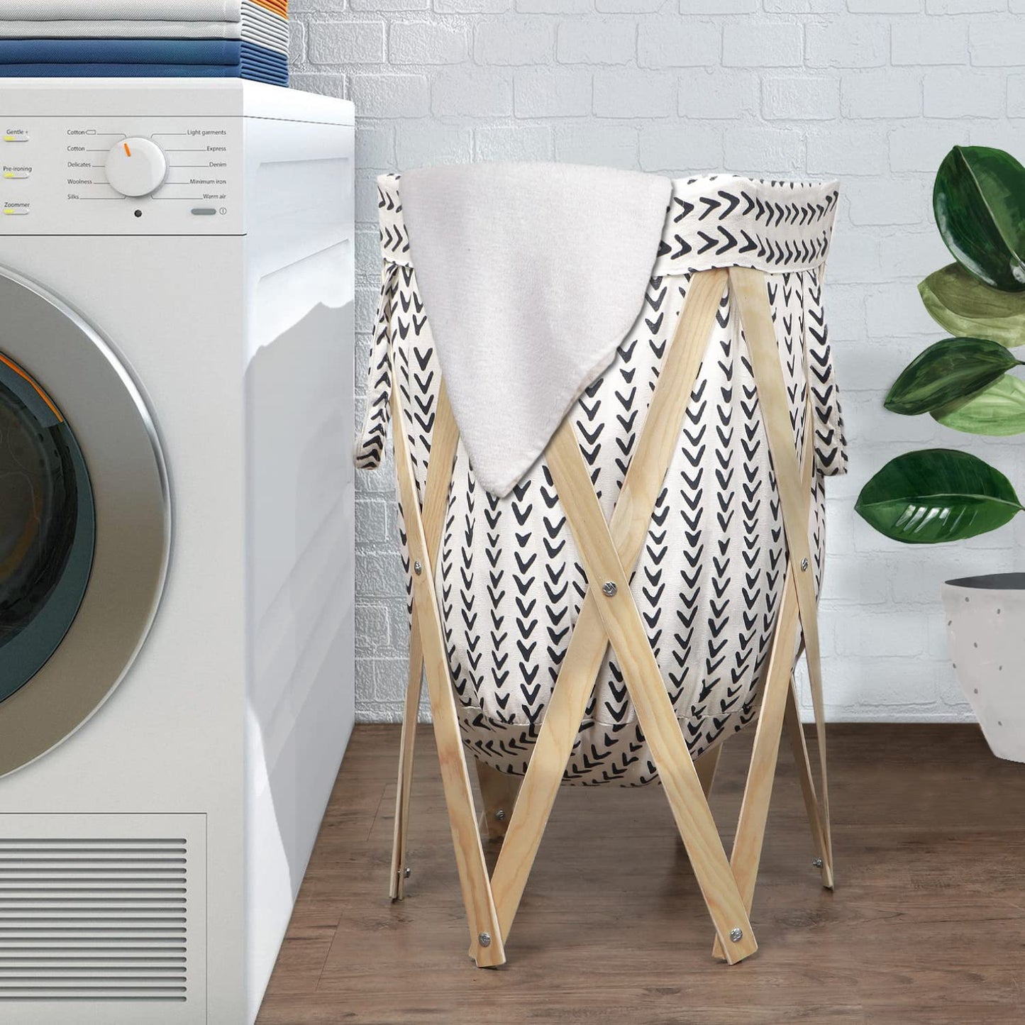 Large European Pattern Laundry Hamper Foldable Wooden Cloth Basket , White