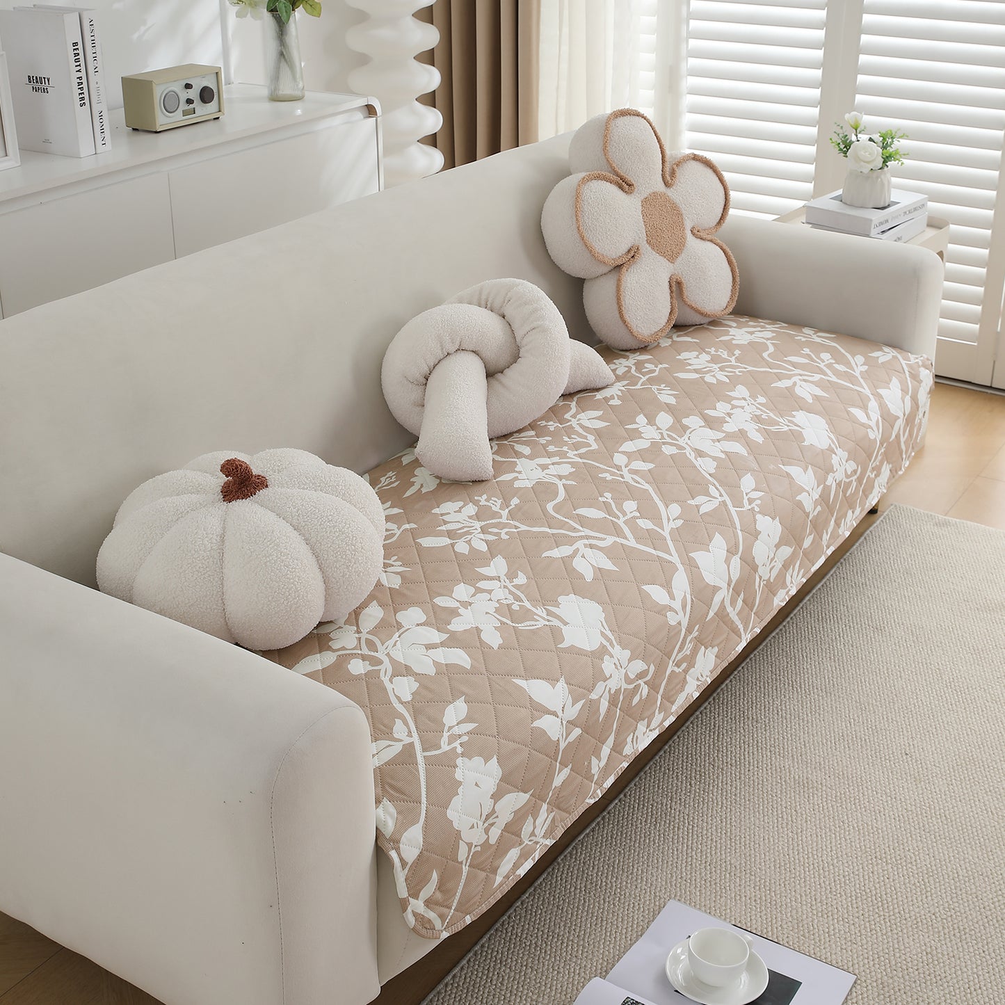 Water Repellent + Waterproof Quilted Sofa Mats, Buff Brown Sillehoute Floral