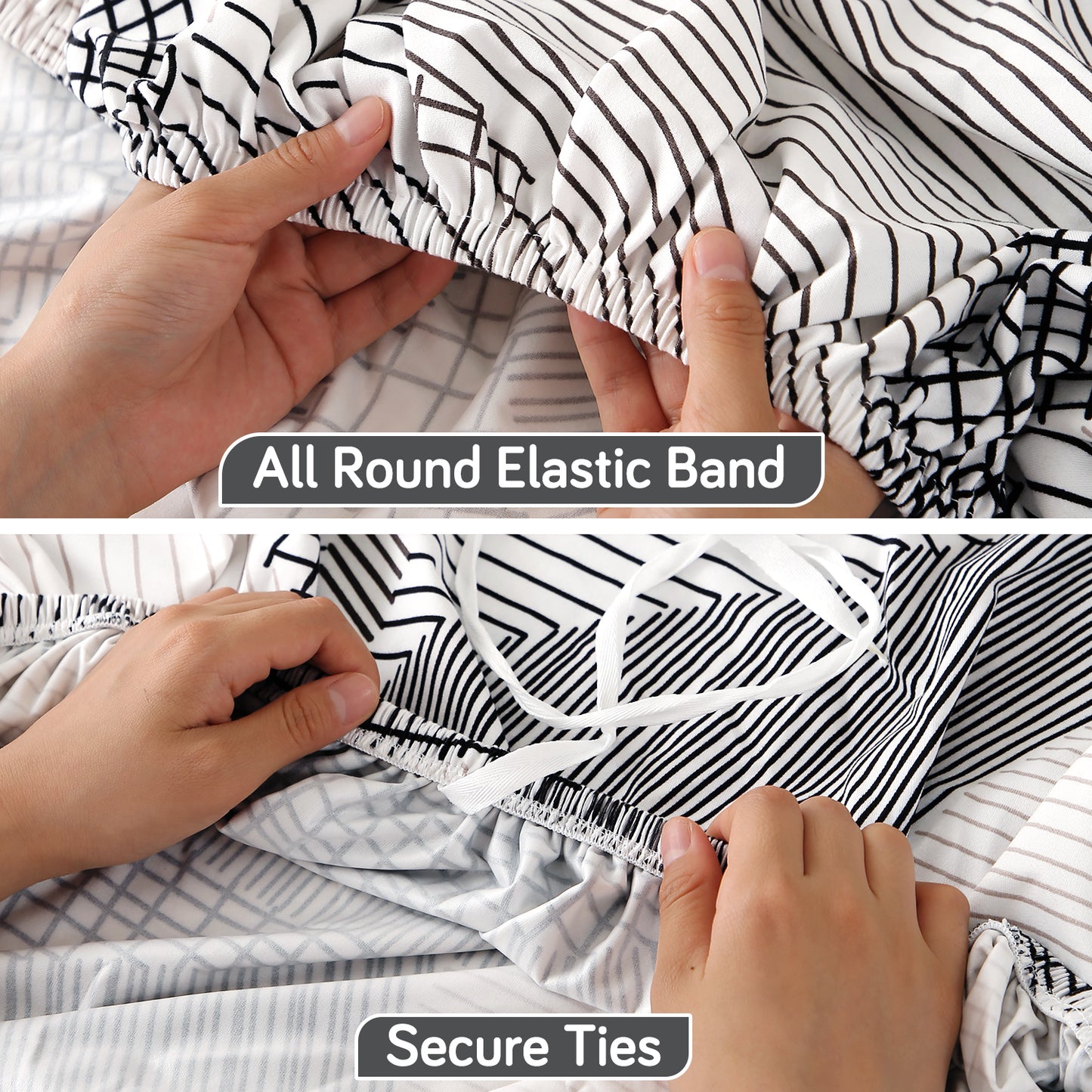Printed Stretch Fit Water-Repellent & Anti-Slip Table Cloth Cover for 4 Seater / 6 Seater, Snow White Black Geometry
