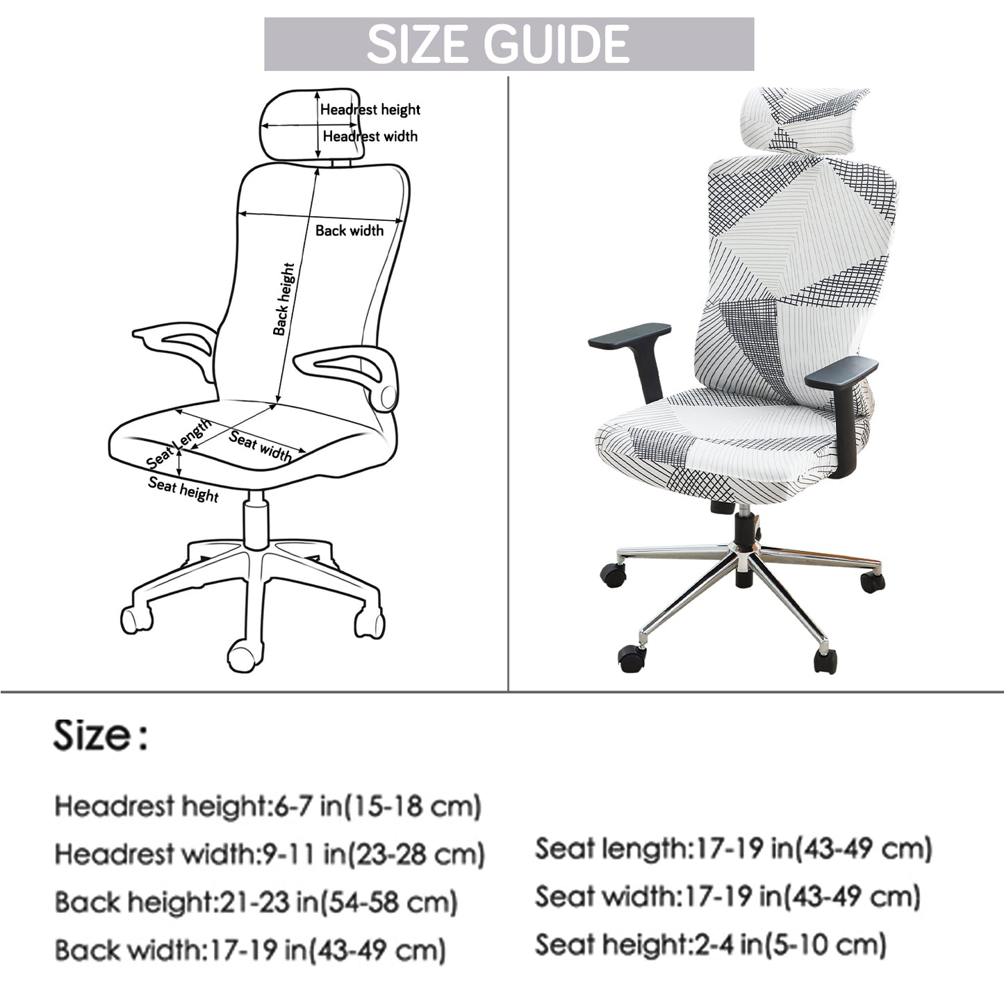 Printed Office Chair Cover with Headrest (High-Back) – 140 GSM Stretch Fabric – Washable, Anti-Slip Fit for Ergonomic Mesh Office Chairs, Snow White Black Geometry