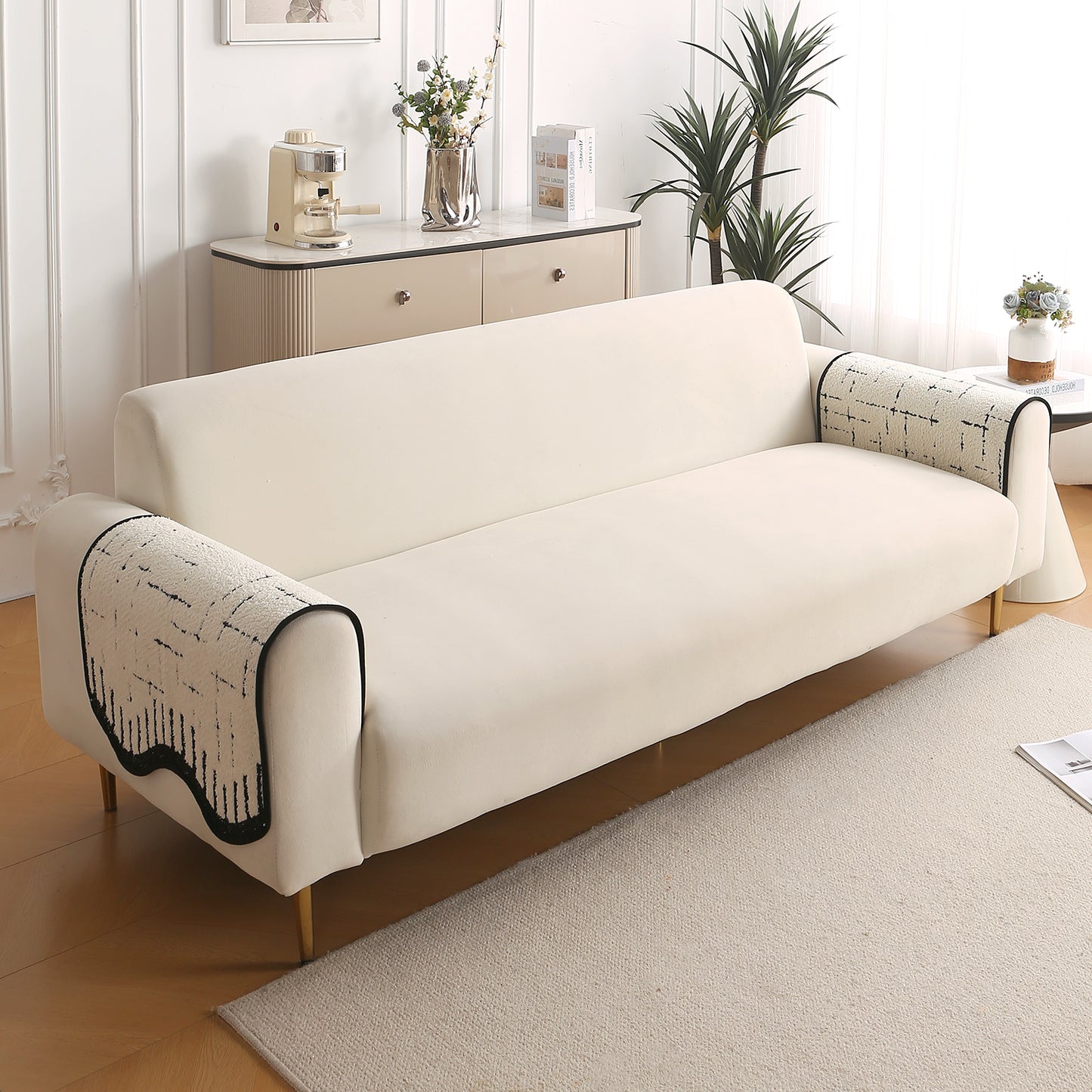 Premium Supple Soft Wavy with Curve Sofa Cover Mat, Off-White