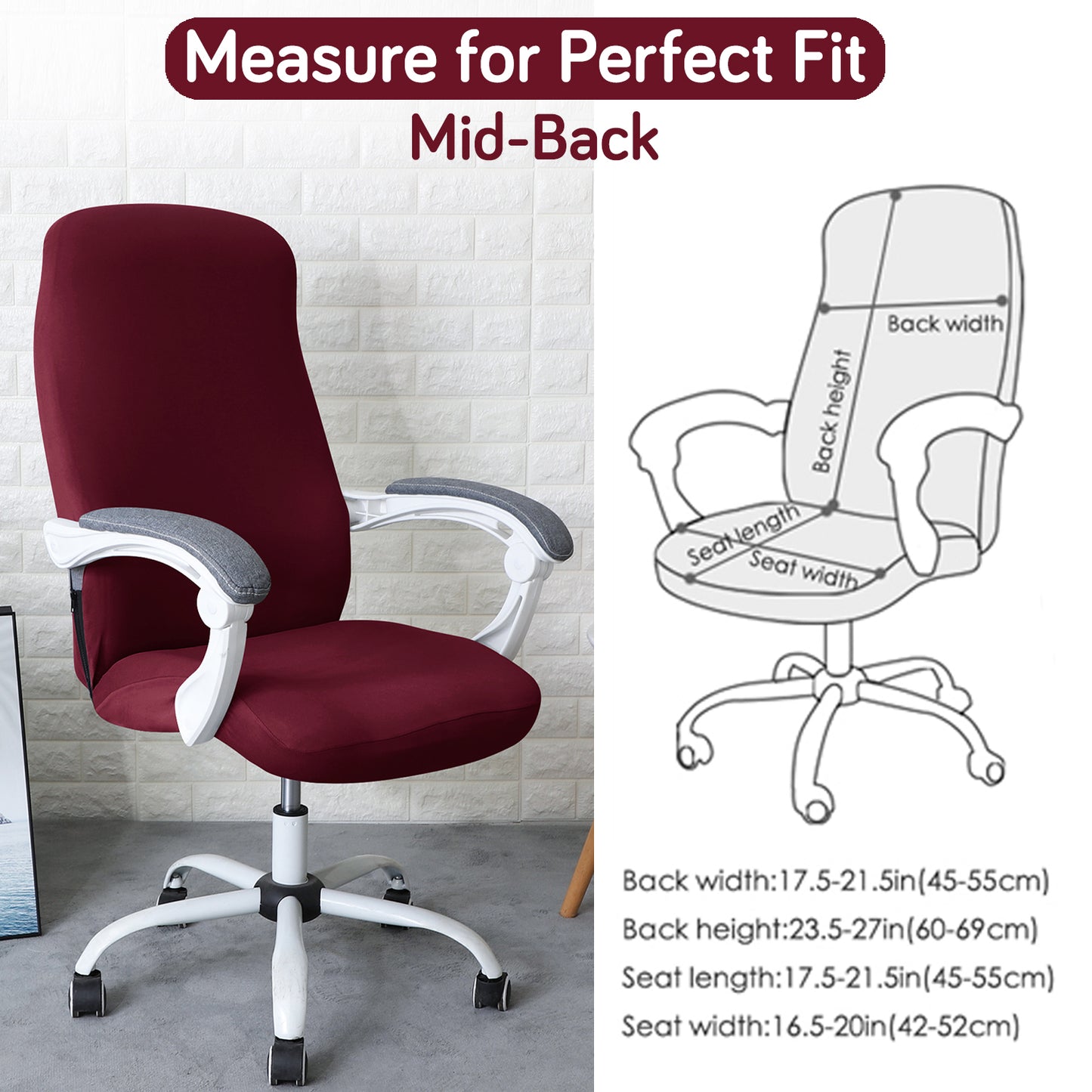 Office Chair Cover for Desk Chair (Mid-Back) – 140 GSM Stretch Fabric – Washable, Durable & Anti-Slip – Fits Mid-Back Office Chairs, Burgundy