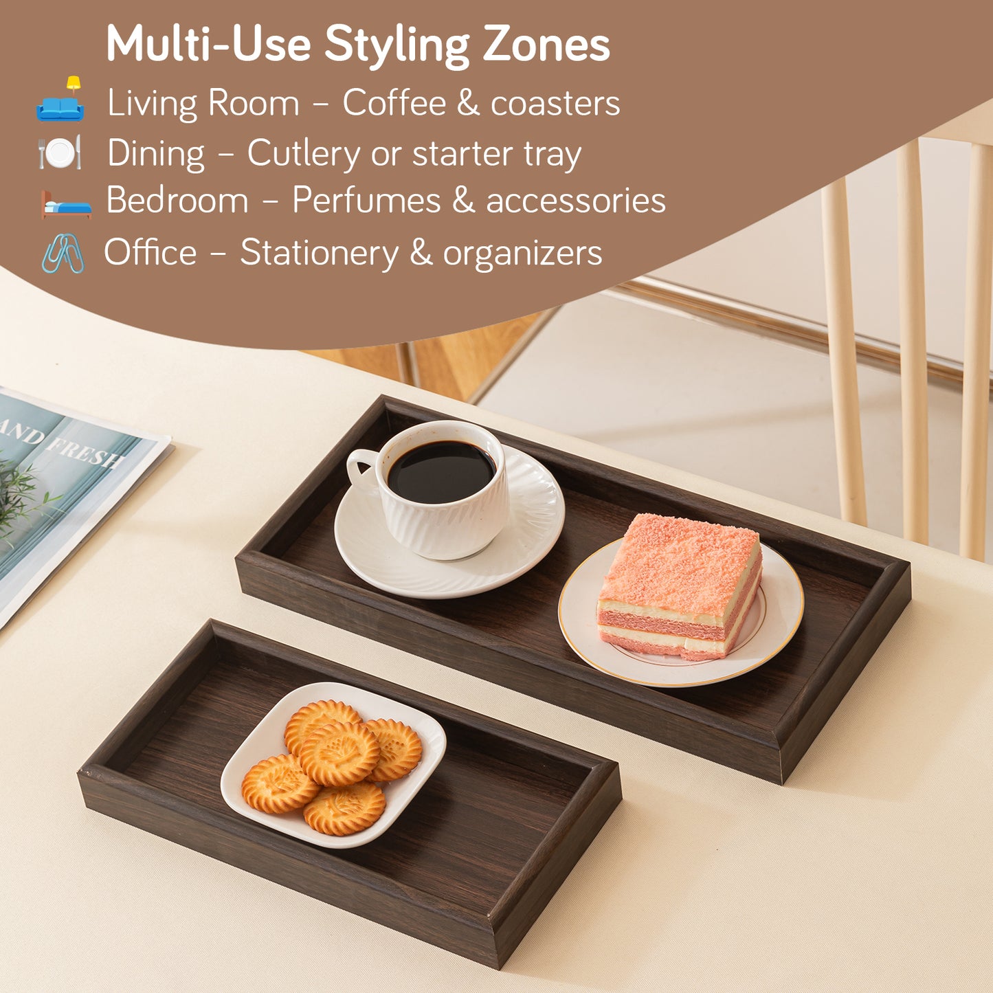 Wooden Serving Tray MDF Rectangular Eco-Friendly Trays Set of 3, Dark Wood Finish