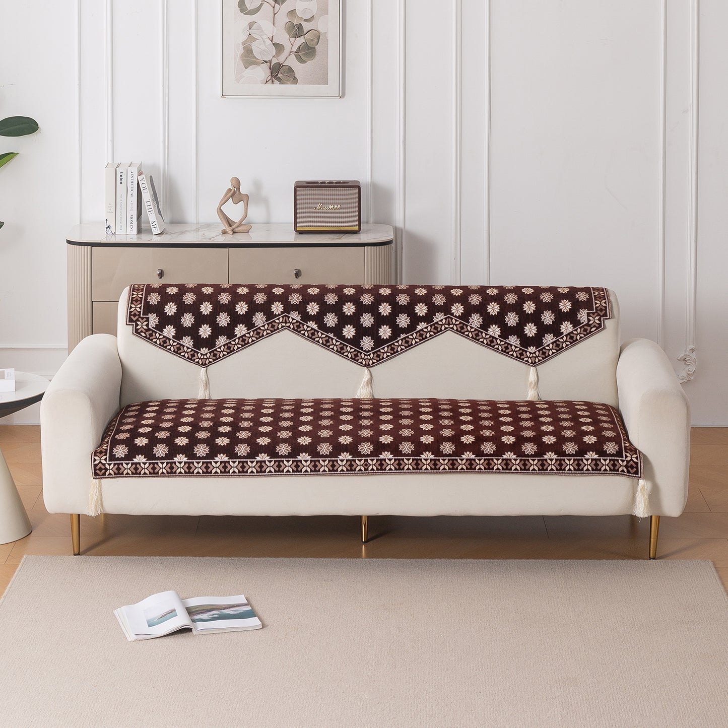 Heritage Weave Premium Jacquard Sofa Cover Set with Tassels - Coffee Brown
