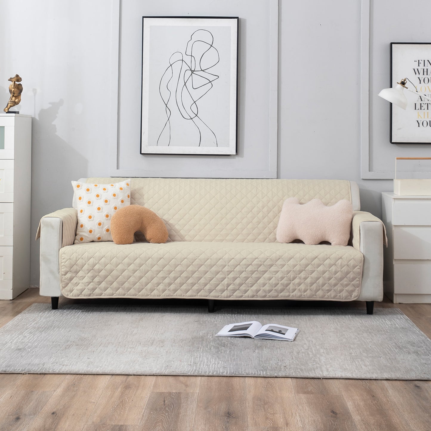 Quilted Polyester Sofa Cover Mat Pet Friendly, Cream