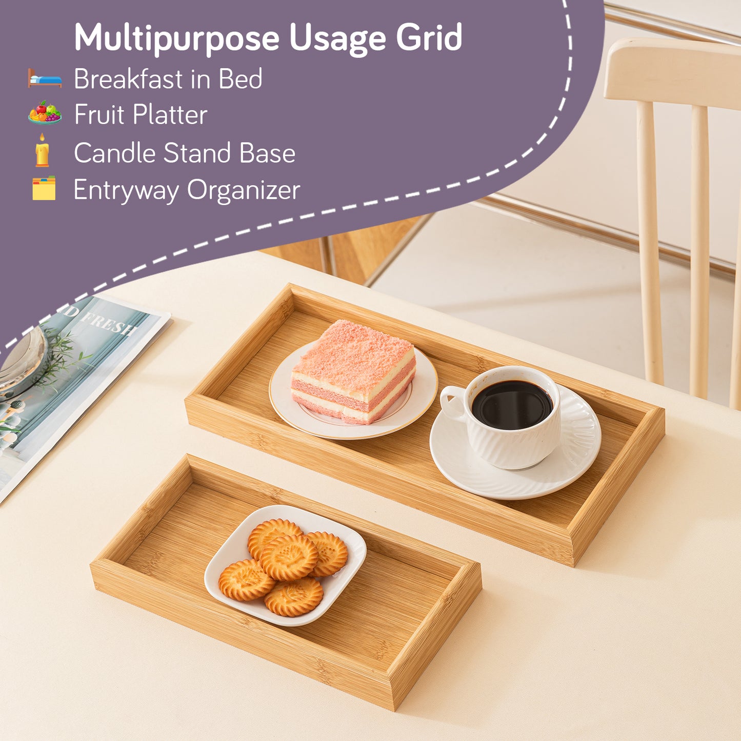 Wooden Serving Tray MDF Rectangular Eco-Friendly Trays Set of 3 – Small, Medium, Large