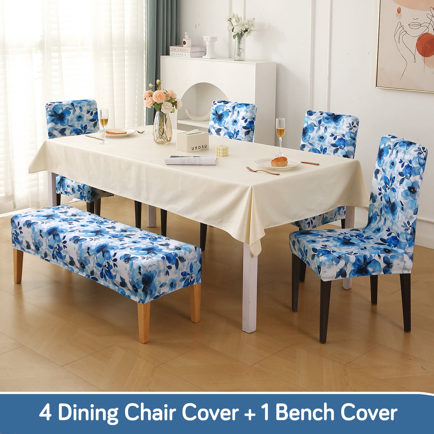 Premium Velvet Cover Set for 4 Dining Chairs + 1 Dining Bench, Blue Azure Botanical