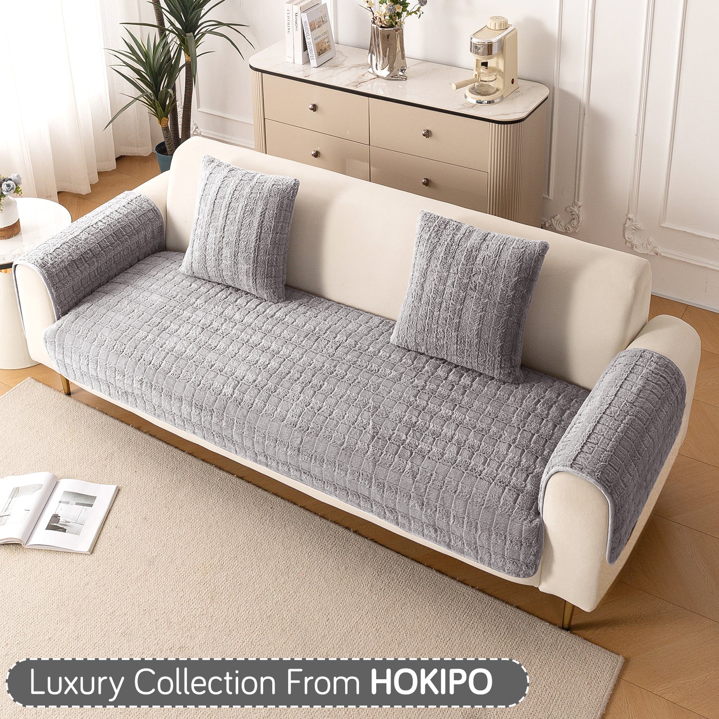 Premium Plush Anti Slip Sofa Cover Mat with 2 Armrest Cover, Light Grey