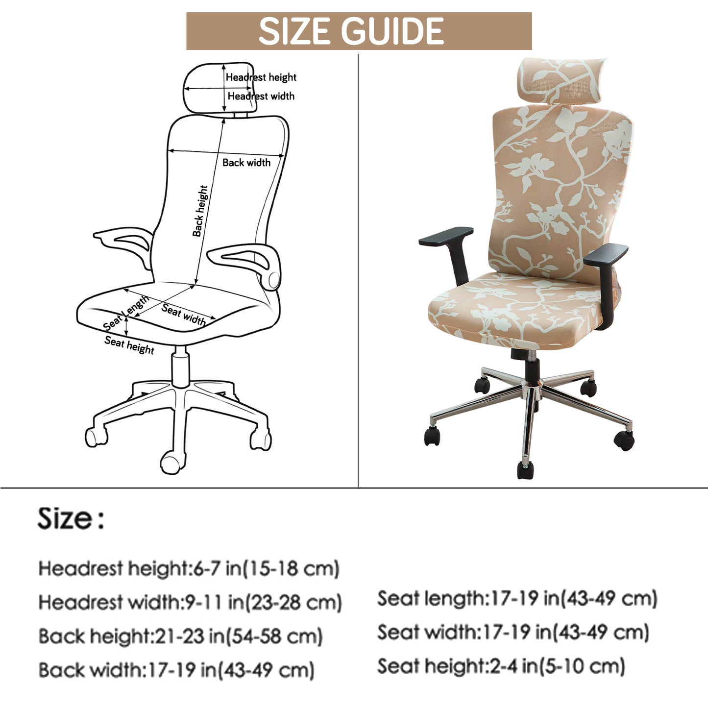 Printed Office Chair Cover with Headrest (High-Back) – 140 GSM Stretch Fabric – Washable, Anti-Slip Fit for Ergonomic Mesh Office Chairs,Buff Brown Sillehoute Floral
