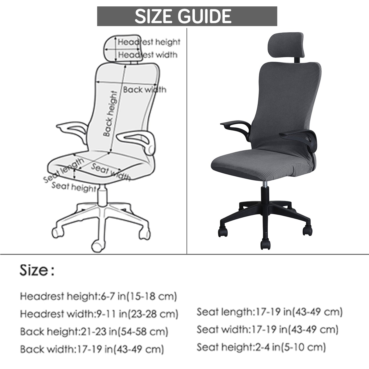 Water Repellent Office Chair Cover with Headrest (High-Back) – 210 GSM Stretch Jacquard – Washable, Anti-Slip Fit for Ergonomic Mesh Office Chairs, Dark Grey