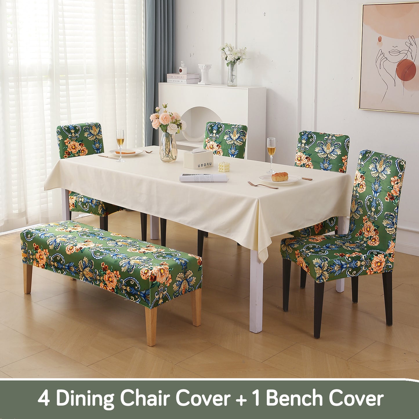 Premium Velvet Cover Set for 4 Dining Chairs + 1 Dining Bench, Green Victorian Garden
