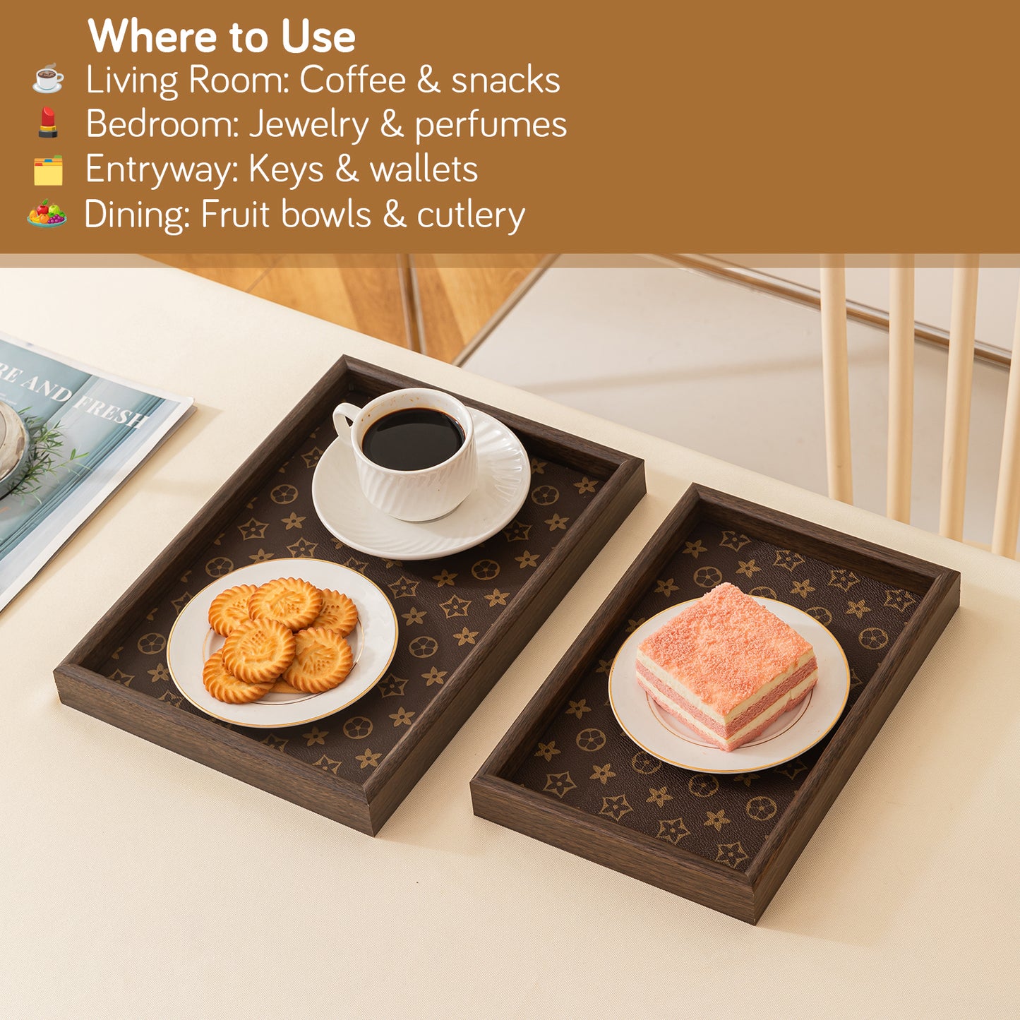 Wooden Serving Tray MDF Rectangular Eco-Friendly Trays Set of 3, Elegant Brown Finish