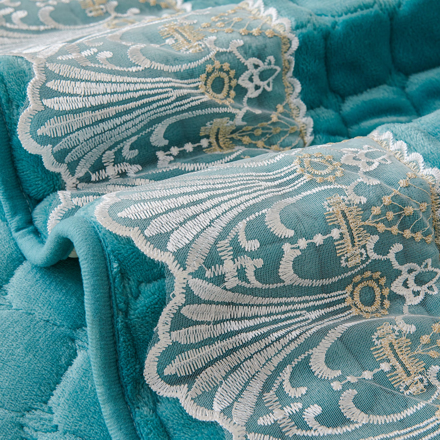 BelleLace Series Imperial Milk Velvet L Shape Sofa Cover Mat with Lace Design - Teal