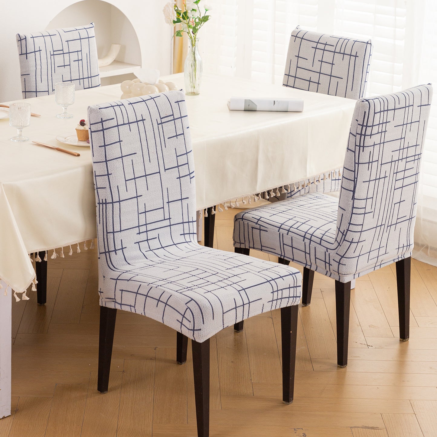 'Crossline Series' 180 GSM Jacquard Chair Cover Set 1/2/4/6, Navy Blue