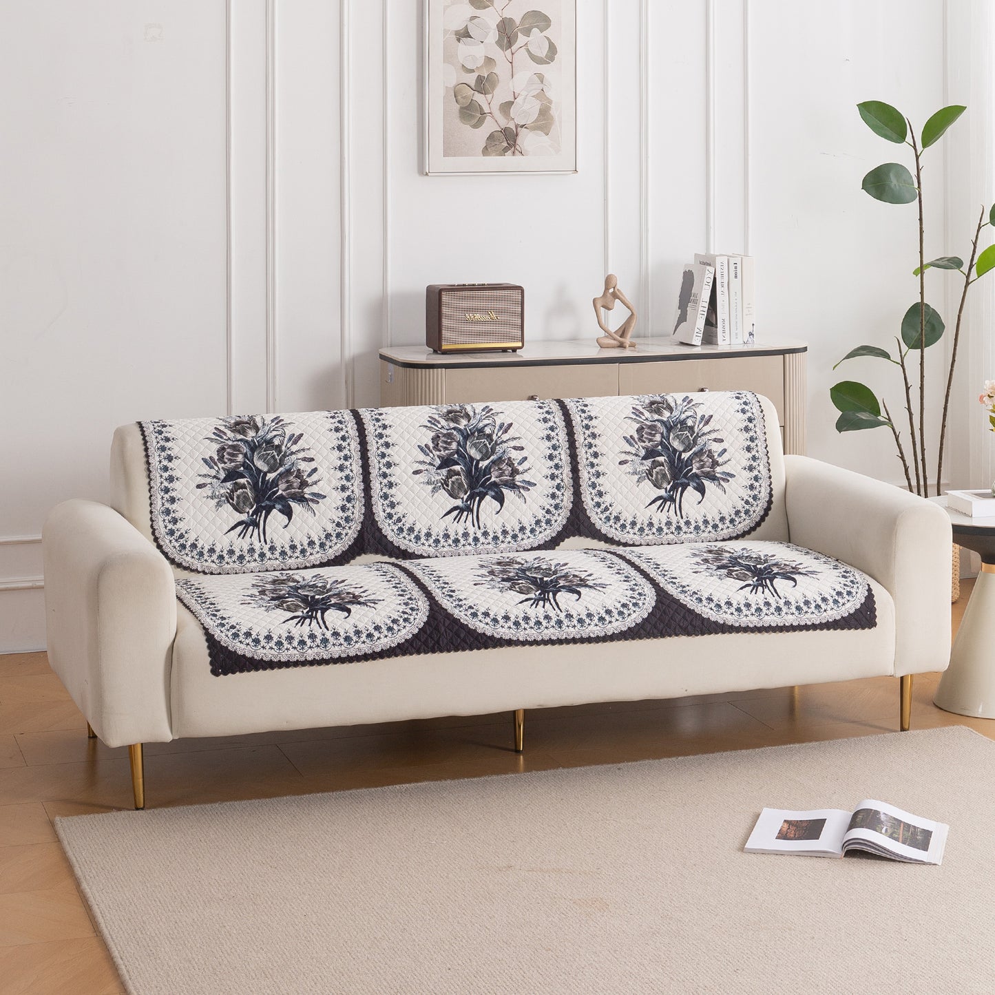 LoomVerse Quilted Sofa Cover Set Washable Sofa Panel for Seat & Back - Midnight Bloom