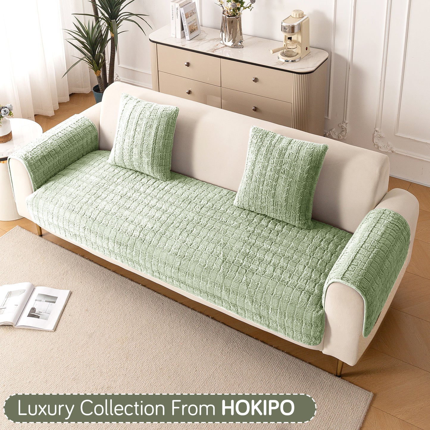 Premium Plush Anti Slip Sofa Cover Mat with 2 Armrest Cover, Green