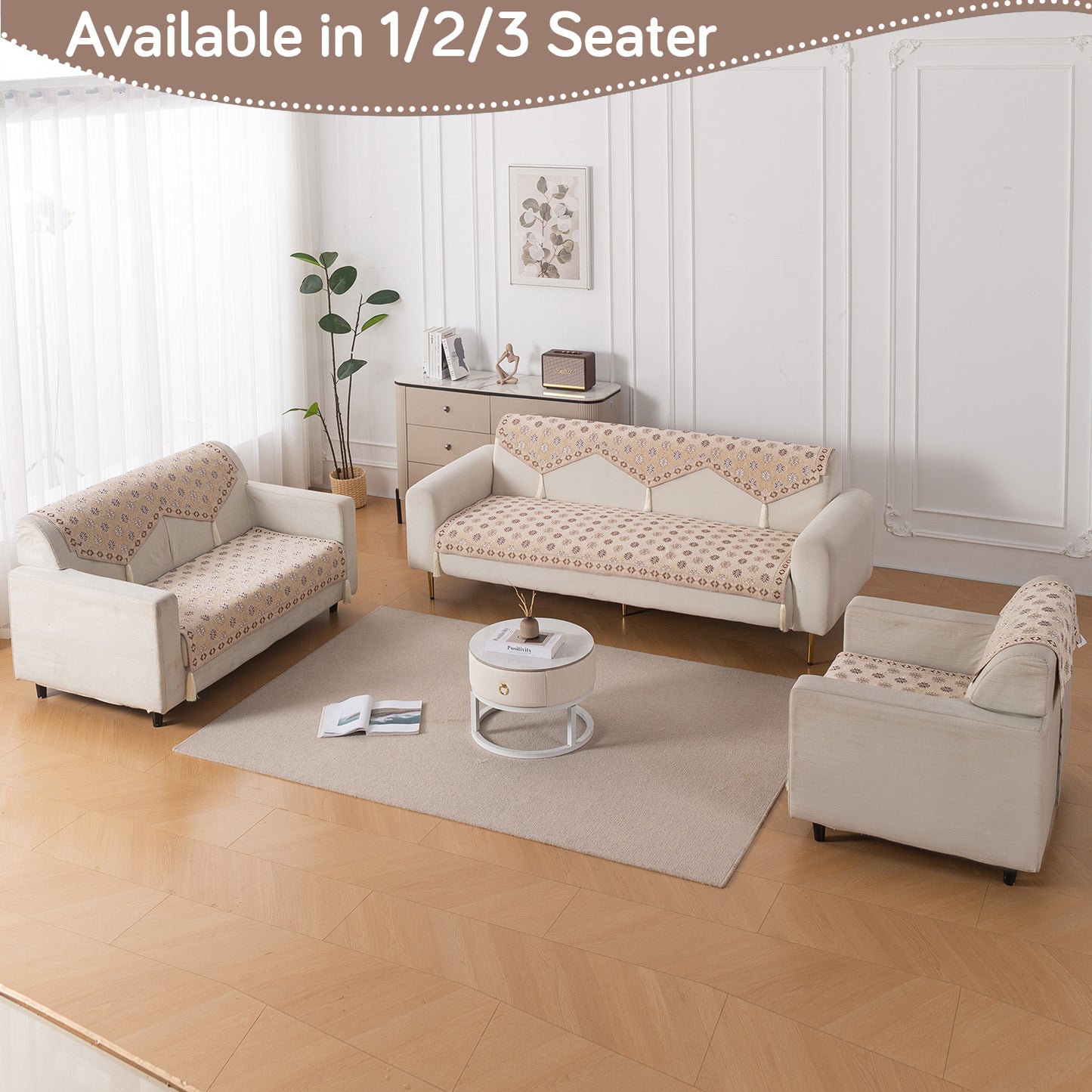 Heritage Weave Premium Jacquard Sofa Cover Set with Tassels - Sandy Beige