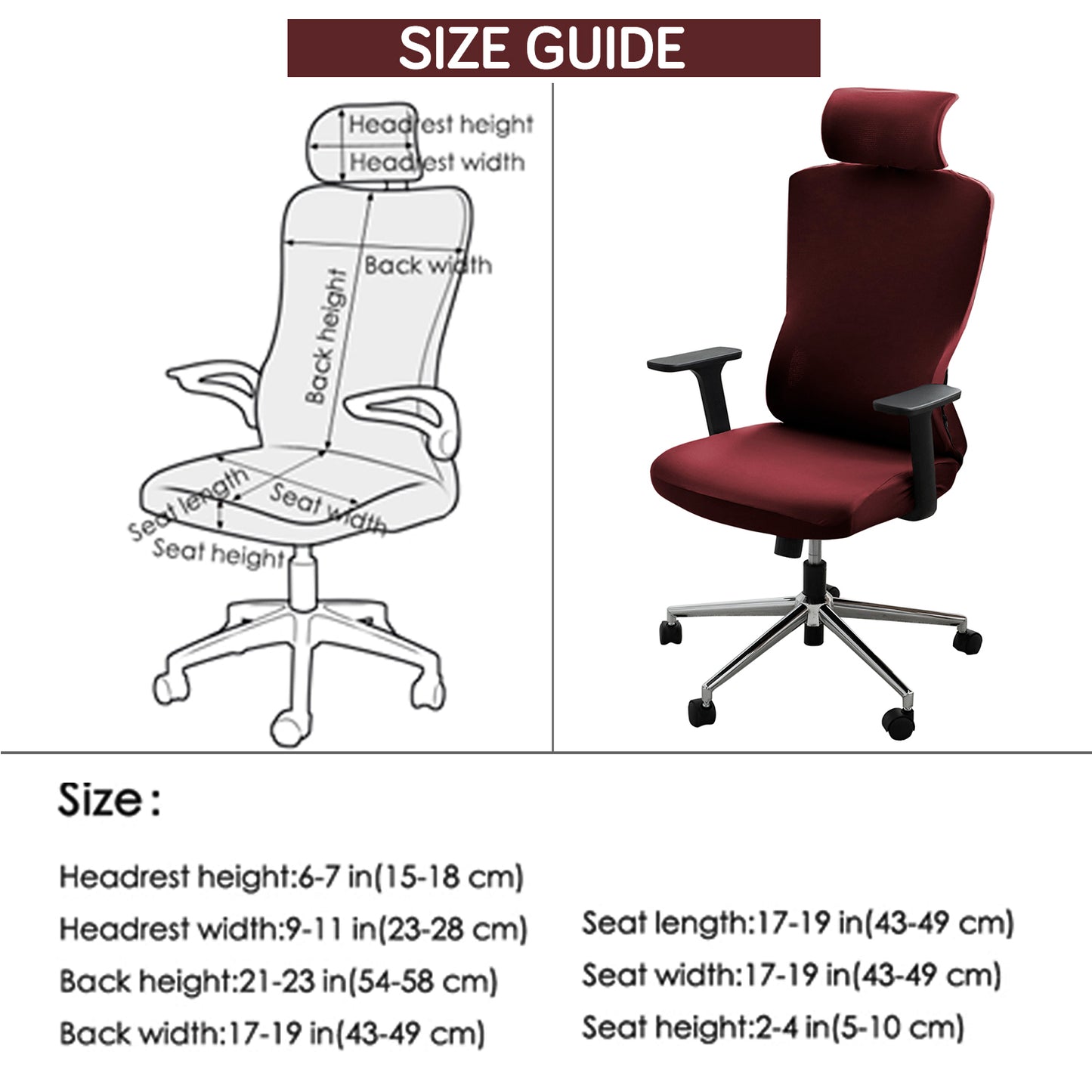 Office Chair Cover with Headrest (High-Back) – 140 GSM Stretch Fabric – Washable, Anti-Slip Fit for Ergonomic Mesh Office Chairs, Burgundy