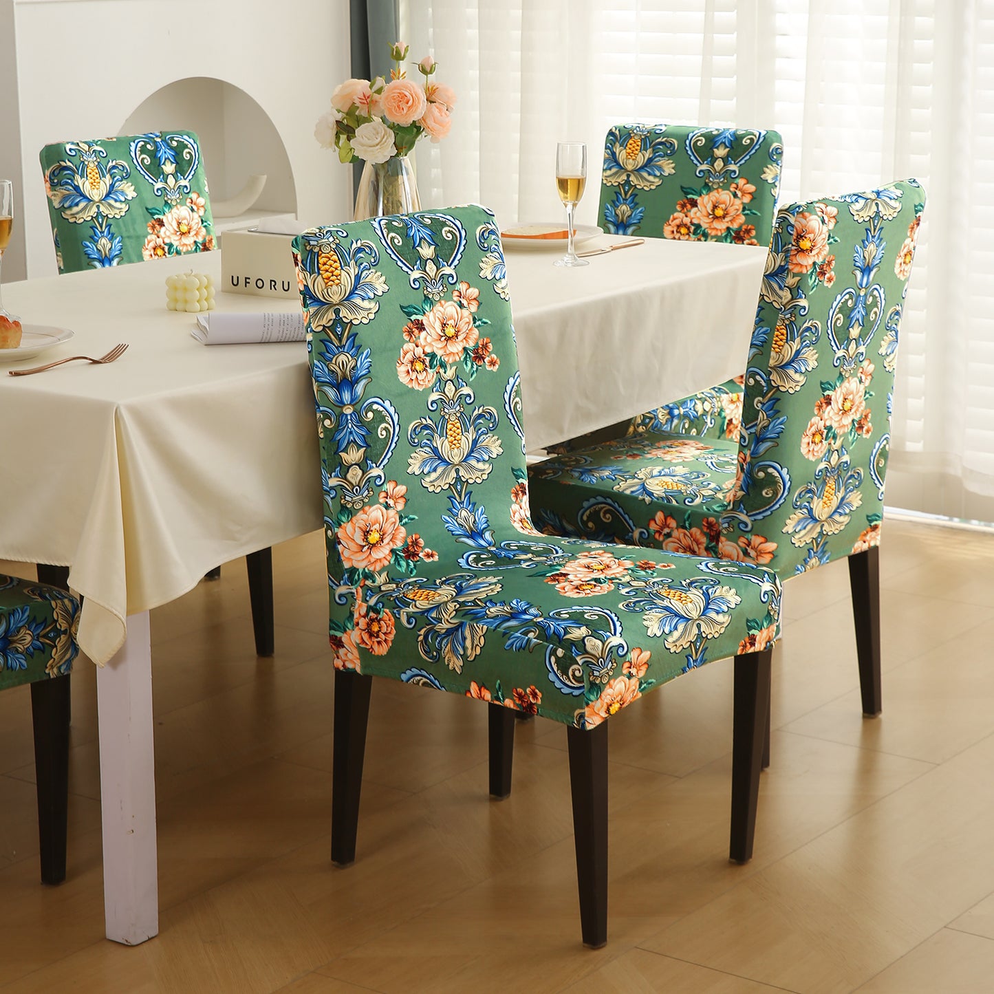 Premium Printed Velvet Dining Chair Cover Set, Green Victorian Garden